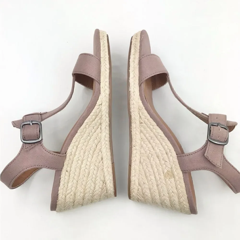 Lucky Brand Millinda Pink Espadrille T Strap Wedge Sandal in Antler Canvas